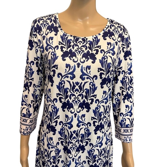 JEAN-PIERRE KLIFA Paris Dresses & Skirts - JEAN-PIERRE KLIFA Paris Blue White Floral Print 3/4‎ Sleeve Dress Size M